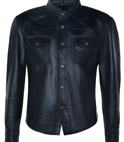 Mens Retro Leather Shirt Jeans Jacket-Beijing - Black