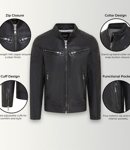 Men's Modern Classic Leather Quilted Biker Jacket - Derry - Black