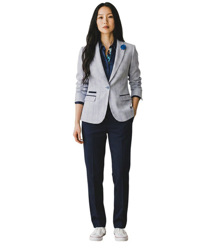 Women's Blue Check Wool Blend Herringbone Tweed Tailored Blazer - Caridi