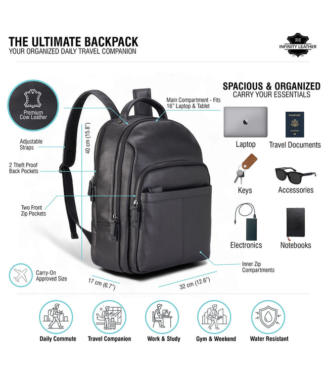 Genuine Leather Black Vintage Rucksack Laptop Bag Travel Backpack - Capri