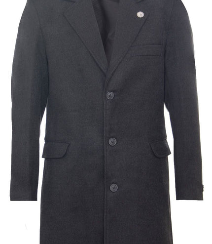 Men's Long Charcoal Wool Slim Fit Overcoat