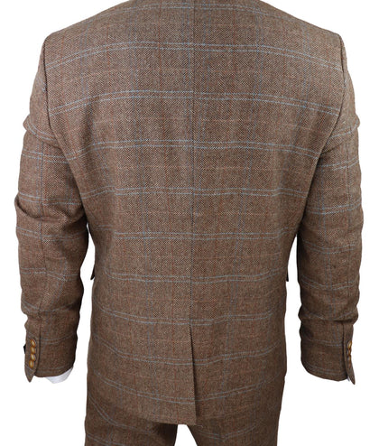 Mens 3 Piece Wool Suit Oak Brown Tweed Herringbone Check Peaky Blinders Gatsby