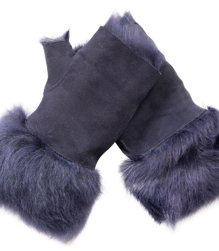Womens Shearling  Mittens Fingerless Cuffs Toscana Suede Sheepskin Fur - Navy