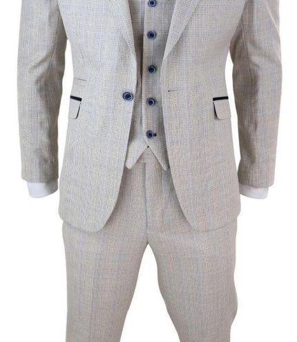 Mens 3 Piece Cream Check Tweed Herringbone Vintage Classic Suit