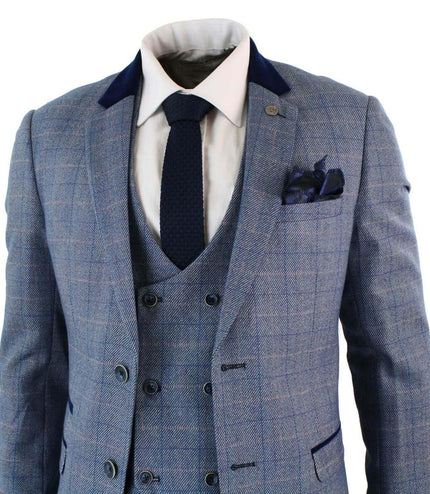 Mens 3 Piece Blue Grey Herringbone Check Suit