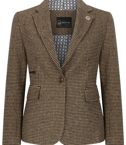Women's Tailored Brown Dogtooth Wool Blend Tweed Blazer
