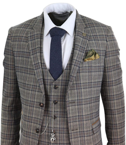 Mens 3 Piece Tan Brown Herringbone Check Suit