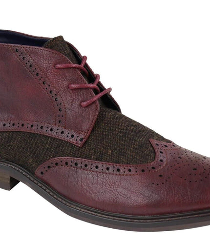 Mens Classic Tweed Oxford Brogue Ankle Boots In Wine Leather