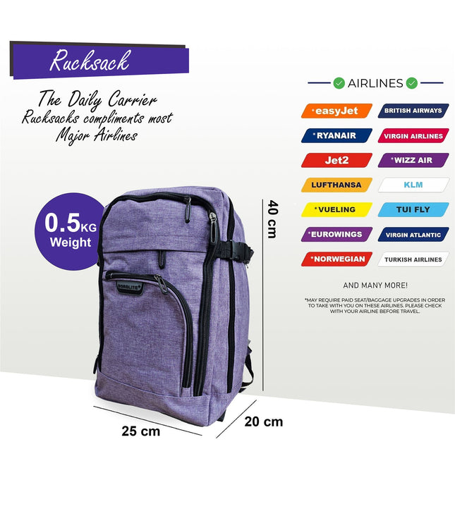 Backpack Rucksack 40x20 x25 cm Underseat Travel Cabin Bag for Easy Jet, Ryanair Lilac