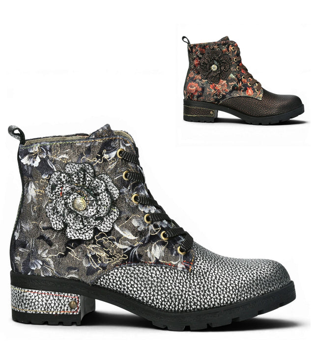 Laura Vita Women's Gothic Victorian Floral Grey Leather Lace-up Boots - Cocrailo-47