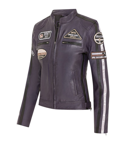 Womens Biker Racing Badges Purple Leather Jacket-Eastleigh