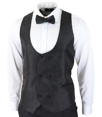 Mens Black Tuxedo Blazer Waistcoat Brocade Satin Paisley Formal Dinner Jacket