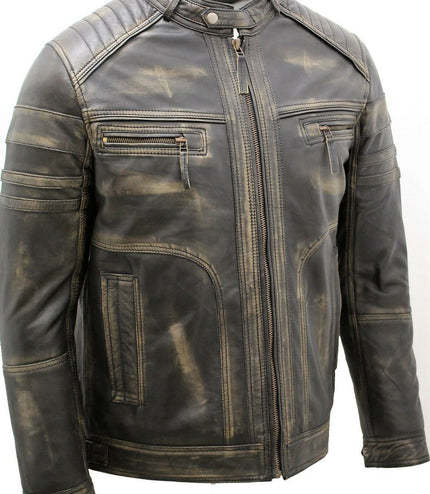 Men's Vintage Black Leather Biker Jacket-Naples - Vintage Black