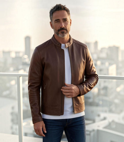 Mens Leather Brown Stand Collar Cafe Racer Biker Jacket - E184