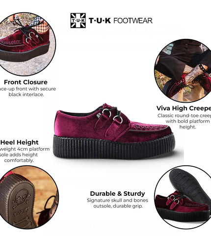 TUK Viva High Creeper Burgundy Velvet Platform Lace-Up Goth Shoes - AV6802