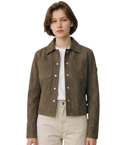 Womens Taupe Brown Leather Shacket Collar Jacket - Lofar