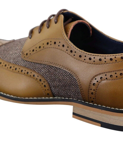 Mens Classic Oxford Tweed Brogue Shoes In Tan Leather