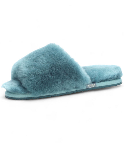 Women's Sheepskin Slippers Teal Warm Winter Fur Sliders - Nordic