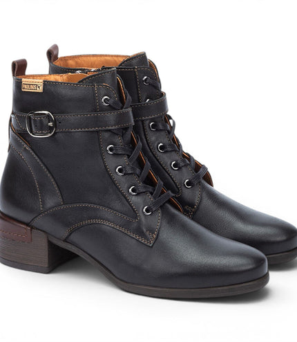 Pikolinos Women's Black Leather Lace-Up Mid-Heel Ankle Boots - Malaga
