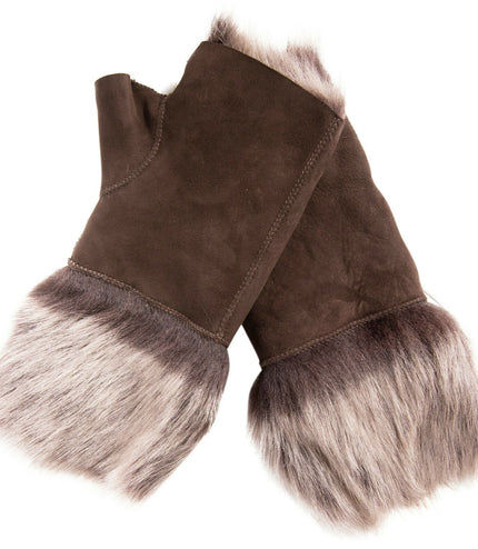 Womens Shearling  Mittens Fingerless Cuffs Toscana Suede Sheepskin Fur - Brown Silver