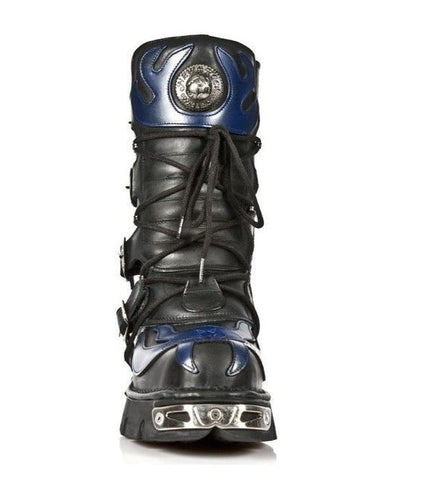 New Rock Unisex Black/Blue Leather Gothic Biker Skull Boots - 107-C5