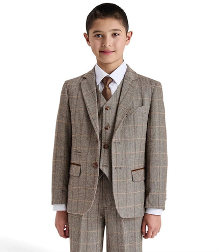 Boys Brown Tailored Fit Tweed 3 Piece Formal Suit - Harris