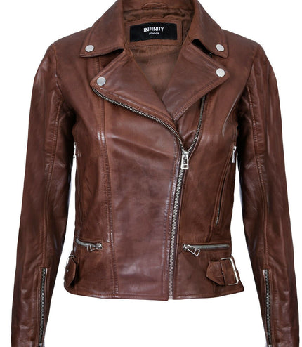 Womens Leather Biker Jacket-Stockholm - Brown