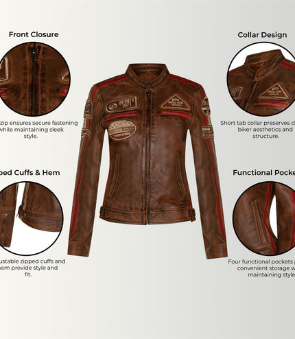 Womens Biker Racing Badges Leather Jacket-Eastleigh - Tan
