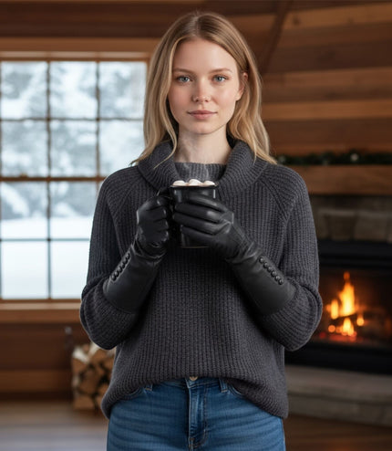 Womens Long Black Italian Leather Winter Button Design Soft Wool Lining Gloves - L-GLV-201