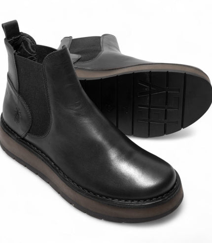Fly London Womens Black Rawi131 Chelsea Leather Ankle Pull-On Classic Comfort Boots