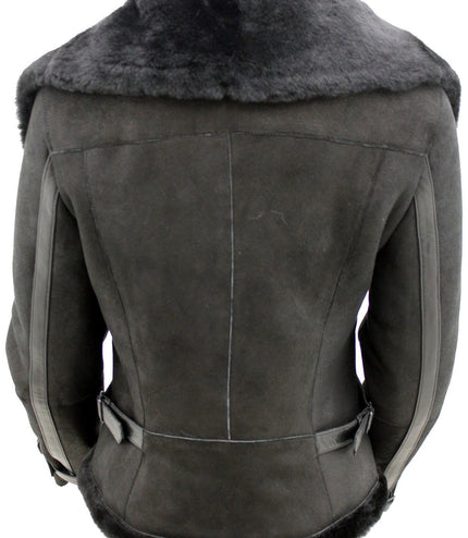 Womens Merino Sheepskin Aviator Leather Jacket-Asmara - Black