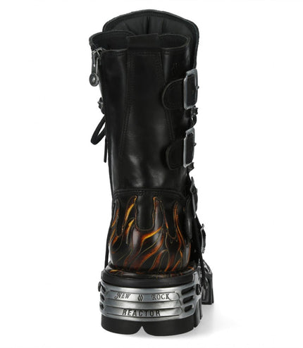 New Rock M-591-C58 Mid-Calf High Black Flame Leather Metallic Gothic Boots
