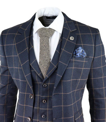 Mens Navy Blue Check 3 Piece Tweed Suit Peaky Blinders 1920s Gatsby Tailored Fit