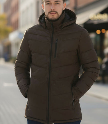Men's Brown Leather Quilted Jacket Hooded Puffer Winter Coat - Olyic