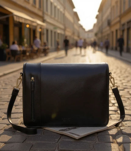 Genuine Leather Black Laptop Satchel Messenger Shoulder Bag - Astor