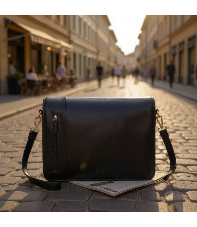 Genuine Leather Black Laptop Satchel Messenger Shoulder Bag - Astor