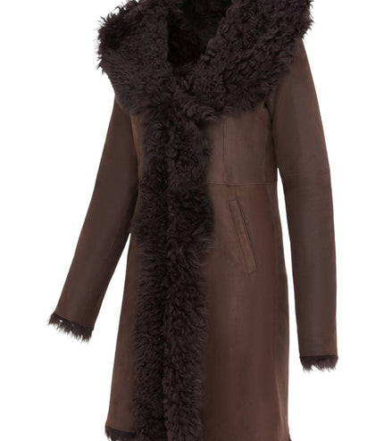 Womens Brown Toscana Sheepskin Leather Hooded Trench Coat - Coast