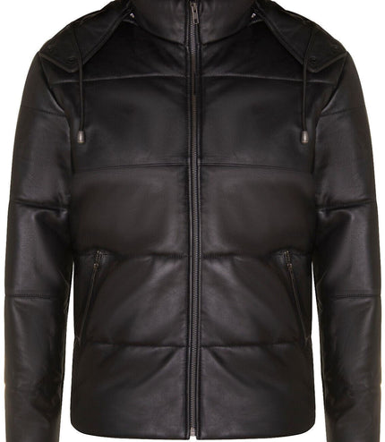 Mens Puffer Leather Bomber Jacket-Augsburg - Black