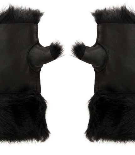Womens Shearling  Mittens Fingerless Cuffs Toscana Suede Sheepskin Fur - Nappa Black