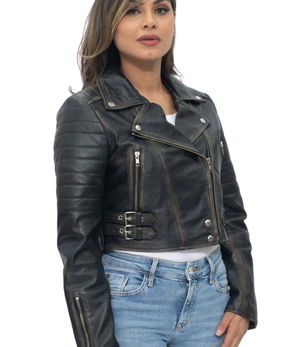 Womens Cropped Brando Leather Biker Jacket-Damascus - Silver