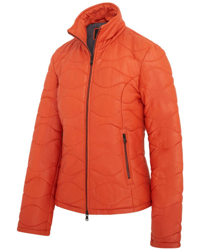 Womens Puffer Warm Quilted Leather Bomber Jacket - Orange