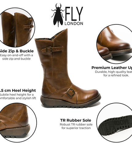Fly London Womens Camel Mes 2 Wedge Heel Buckle Mid-Calf Leather Zip Platform Boots