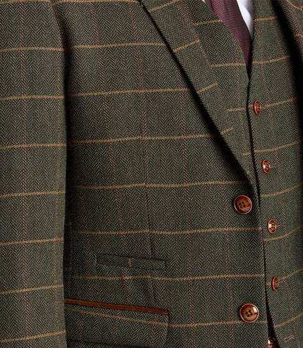 Men's Green Tweed Herringbone Formal Check Blazer - Harris