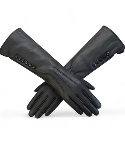 Womens Long Black Italian Leather Winter Button Design Soft Wool Lining Gloves - L-GLV-201