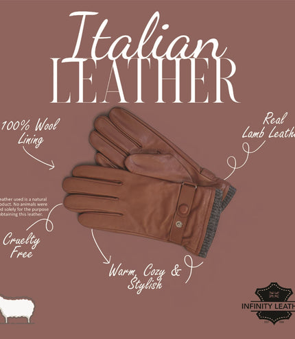Men's Tan Brown Italian Leather Warm Wool Lining Winter Knit Rib Gloves - M-LGV-105