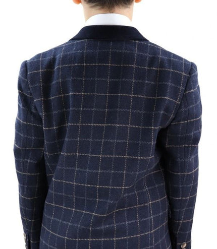 Boys 3 Piece Navy Blue Tweed Check Classic  Suit
