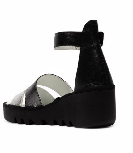 Fly London Women's Bono290Fly Silver Black Idra Leather Wedge Sandals