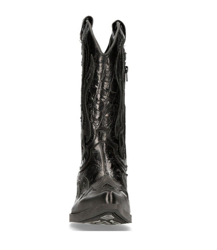 New Rock Flame Accented Black Leather Biker Cowboy Boots- M-7921-S1