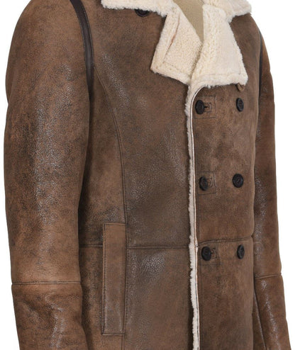Mens Double Breasted Shearling Sheepskin Pea Coat-Valencia - Tan Brown