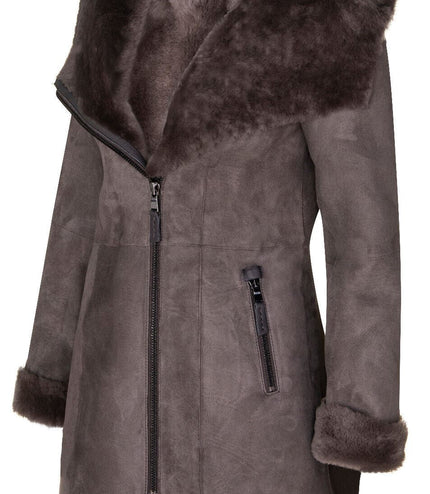 Womens Merino Sheepskin Hooded Coat-Antioch - Taupe